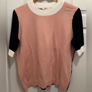 Womens Boden navy/pink color-block short sleeve cotton sweater.